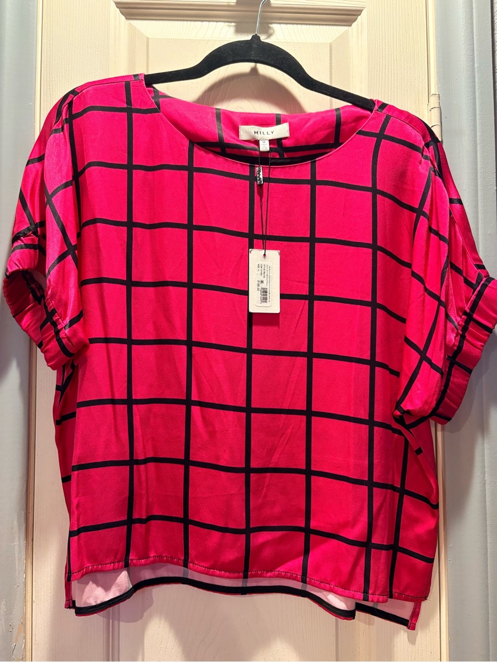 Milly Hot Pink Short-Sleeve Grid Blouse
